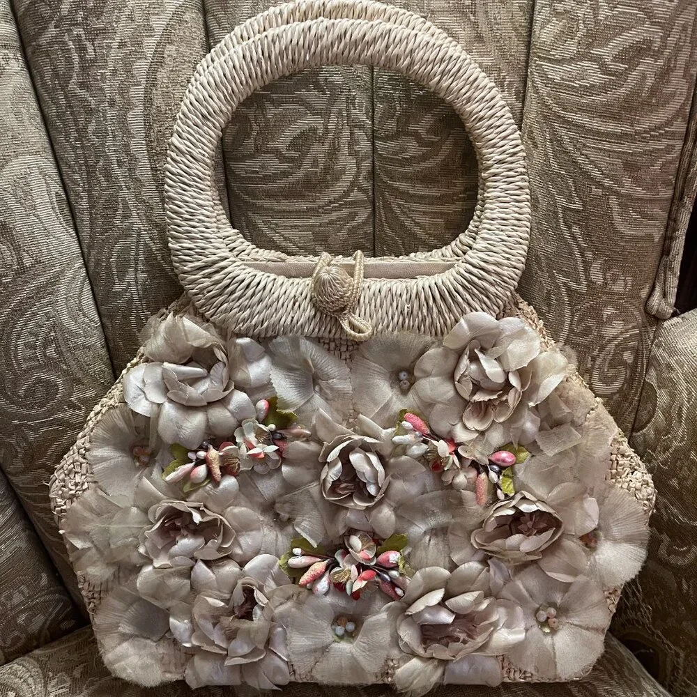 Vintage Flower Embellished Lined Straw Handbag Purse - Picture 1 of 11